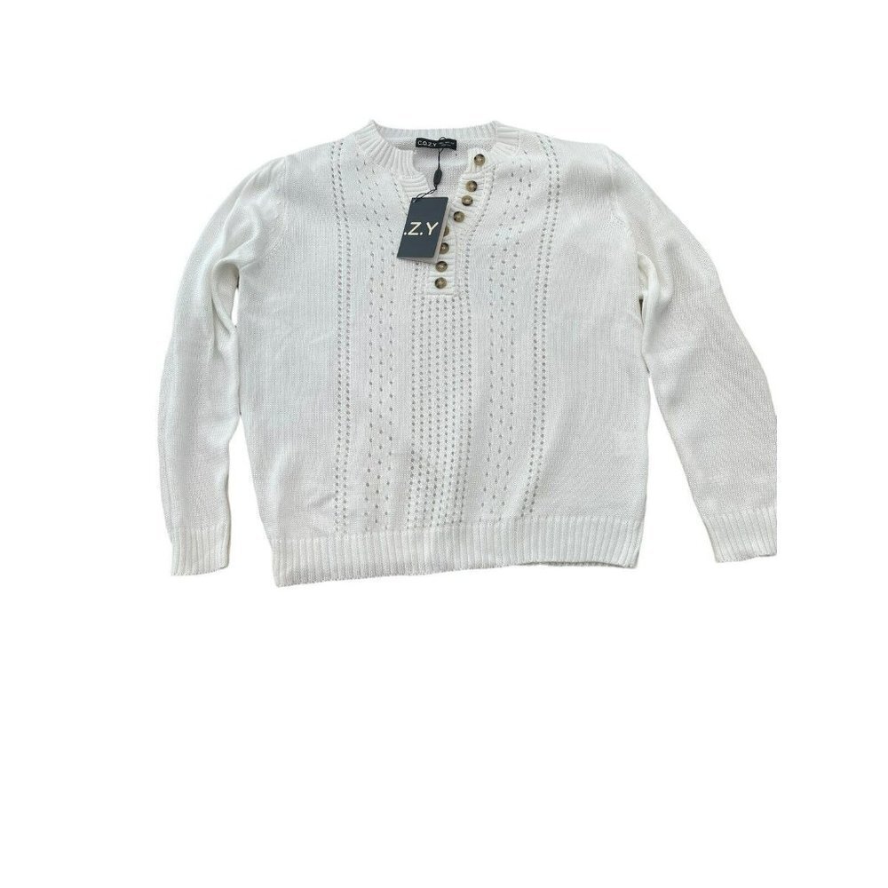 NWT White Pull Over C.O.Z.Y. Brand Sweater Brown Buttons Womens Large Spring